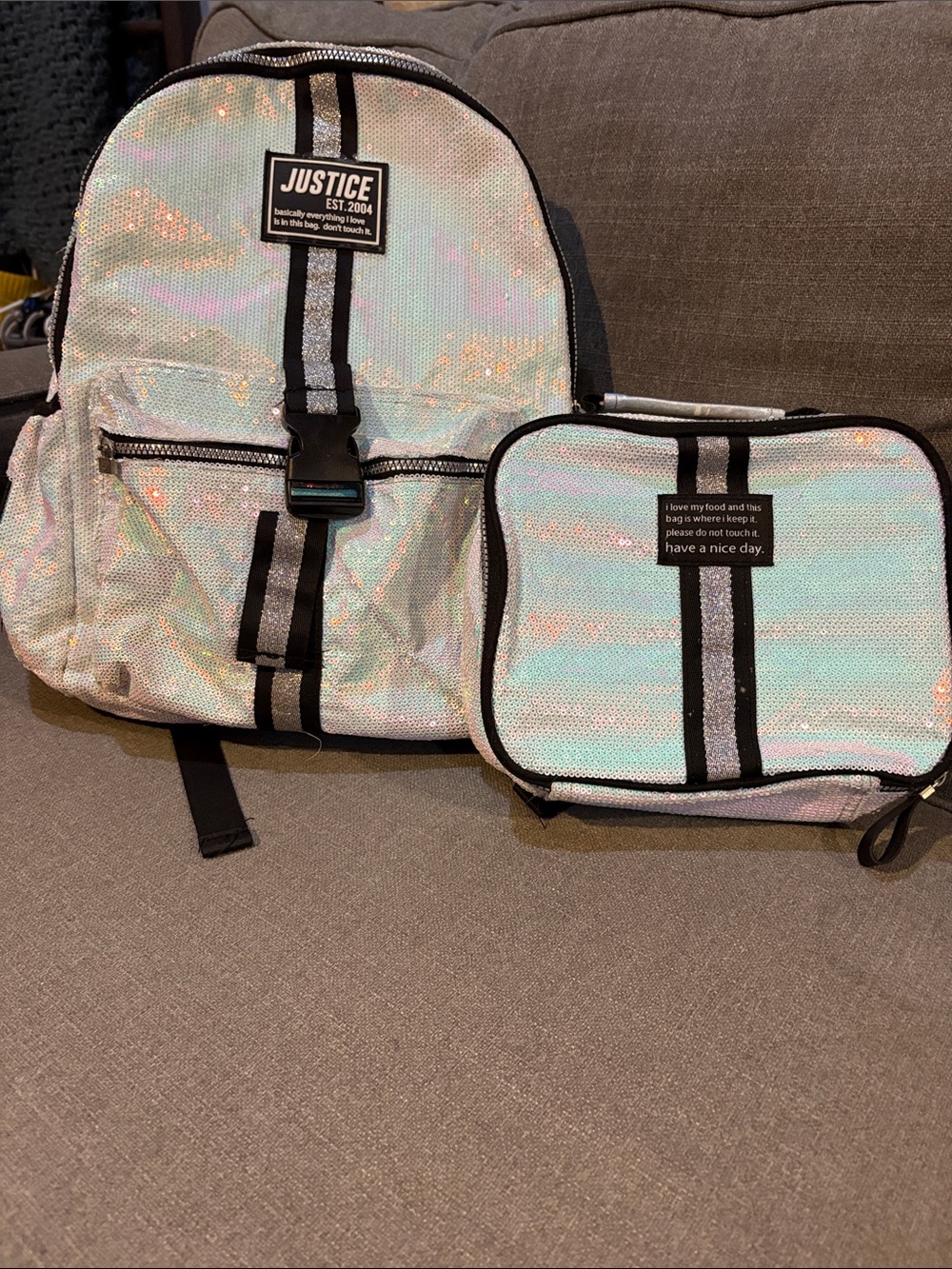 Justice Iridescent & Black Sequin Kids Backpack with lunch box and pouch Set - Picture 2 of 15